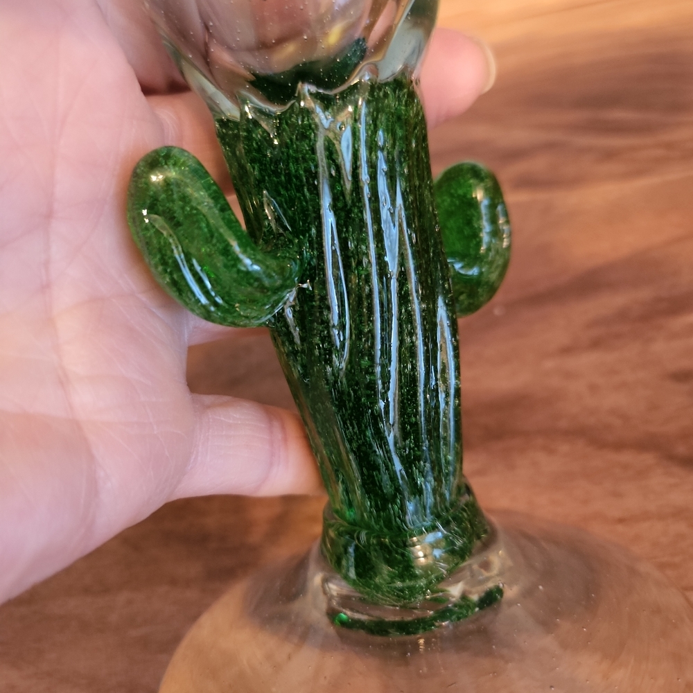 Set of 2 Mexican Hand Blown Glass MARGARITA GLASSES Cactus Stem - Picture 7 of 8